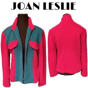 Vintage Joan Leslie 80s 90s Hot Pink Teal Ribbed Colorblock Neon Retro Blazer 12